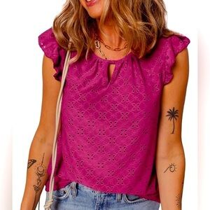 Women's Red Eyelet Top Short Ruffle Sleeves Size L It#KB4